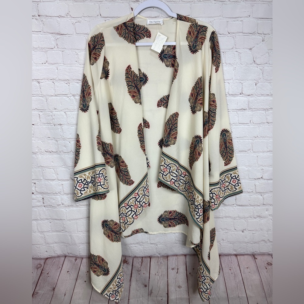 New CES FEMME Elevate and Find Kimono wrap shawl, sz M boho‎ resort cruise